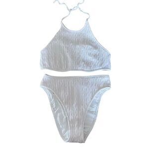 Vintage Sessa White Textured Halter Neck High Waisted Bikini Set